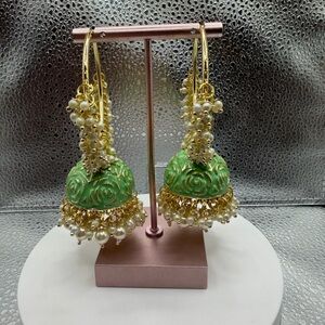 Light Green and Gold Jhumka Earrings
